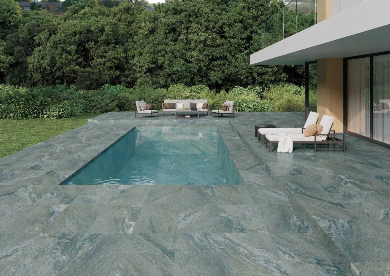 plage de piscine, avec carrelage extérieur noir avec veinage 