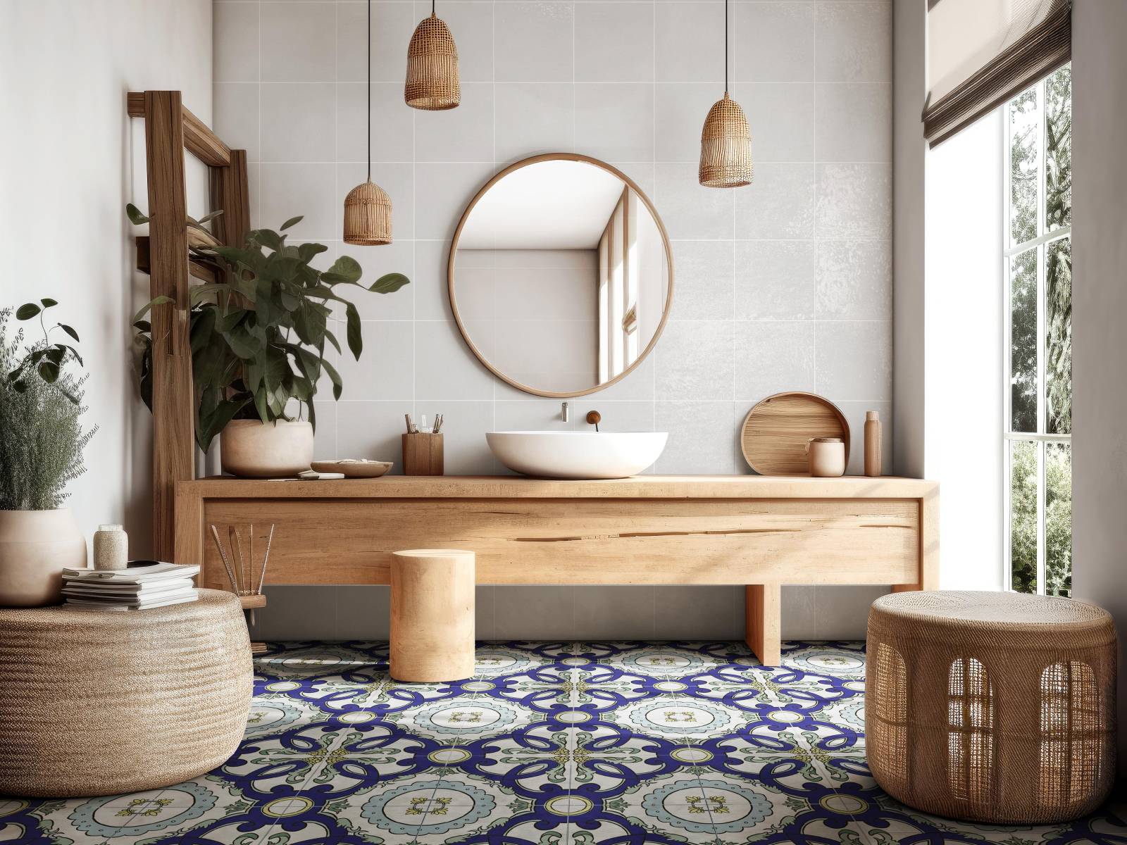 salle de bain avec carrelage avec contraste blanc et bleu, à Carnon près de Montpellier 