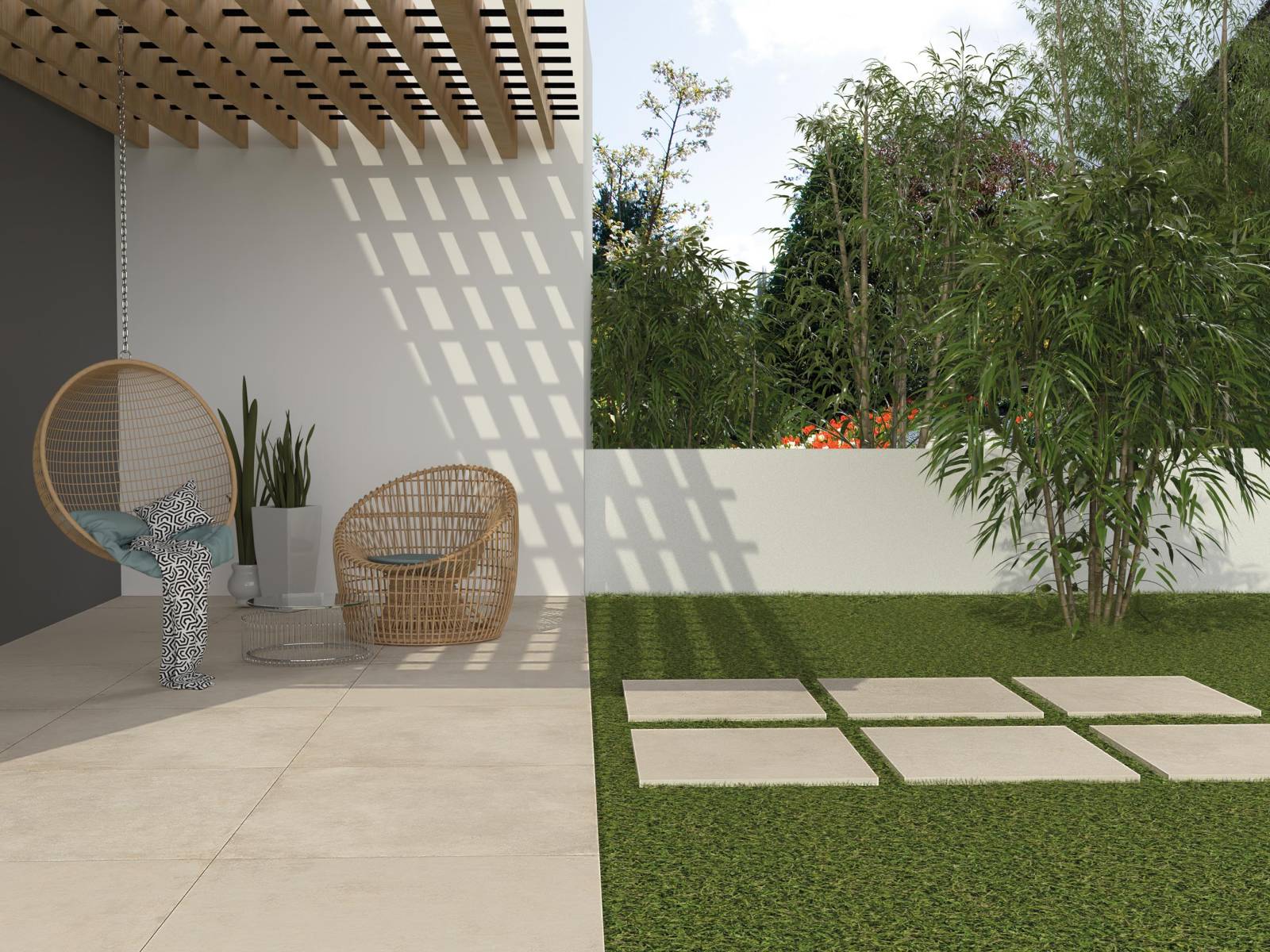 exterieur avec allée, et carrelage grand format 120x120 beige effet pierre à La Grande Motte près de Montpellier