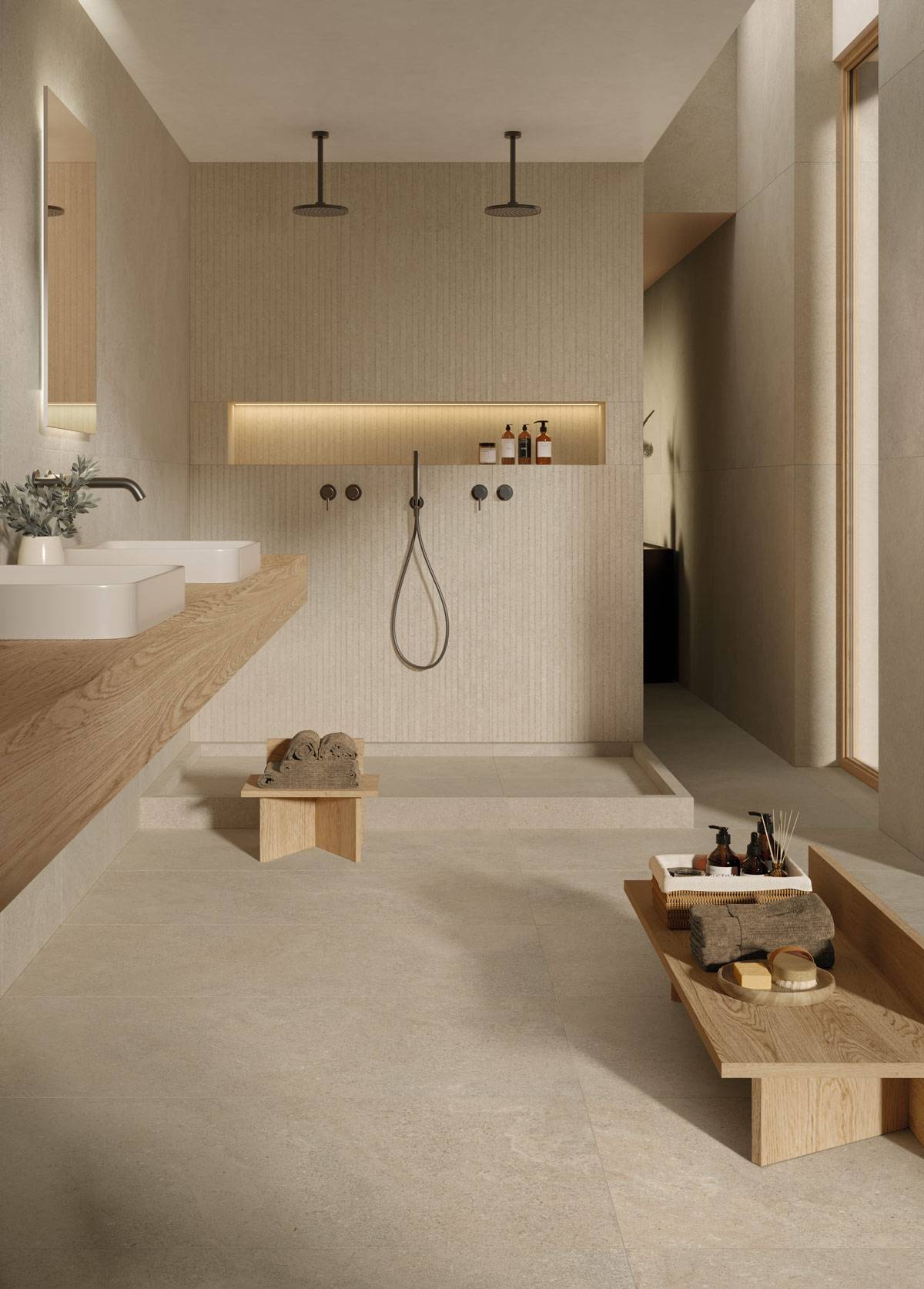 salle de bain avec carrelage matte beige à Montpellier près de Fabrègues