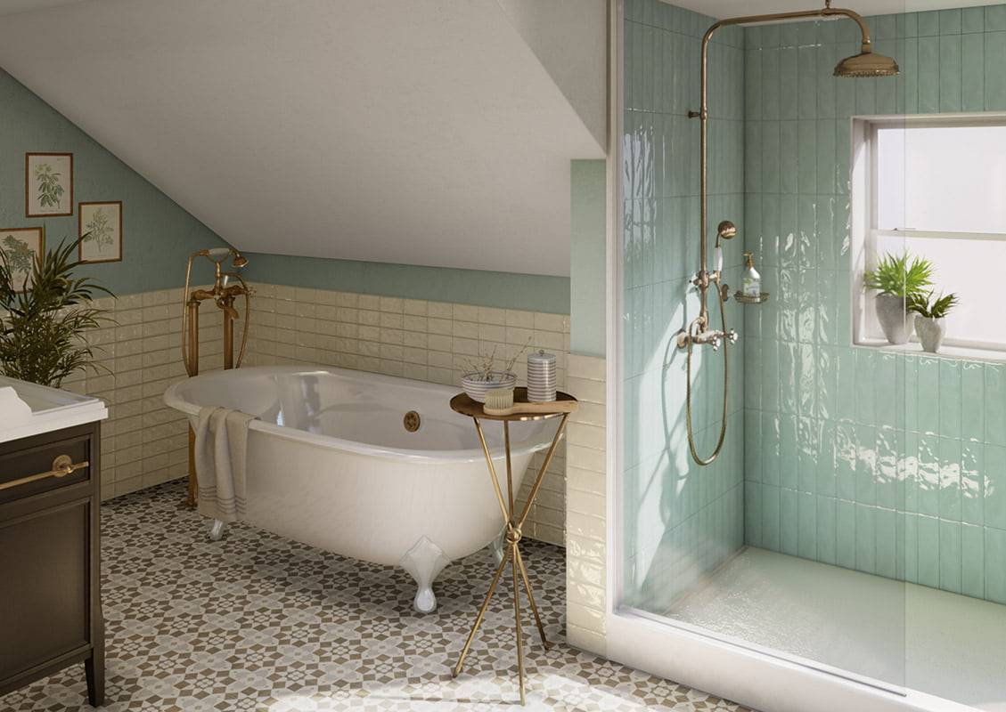 robinetterie baignoire avec mitigeur sur pied et douche en ciel de pluie en laiton à proximité de Frontignan dans l'Hérault 