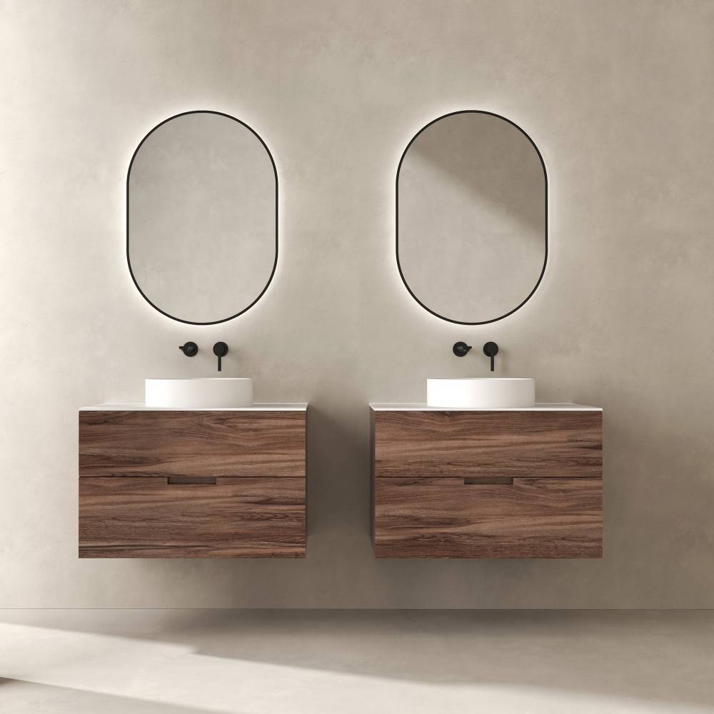 deux meubles de salles de bain, vasque à poser ronde, sur meuble en bois à Pérols près de Montpellier