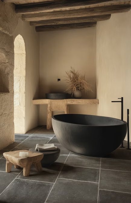 salle de bain avec robinetterie noir mat avec carrelage noir