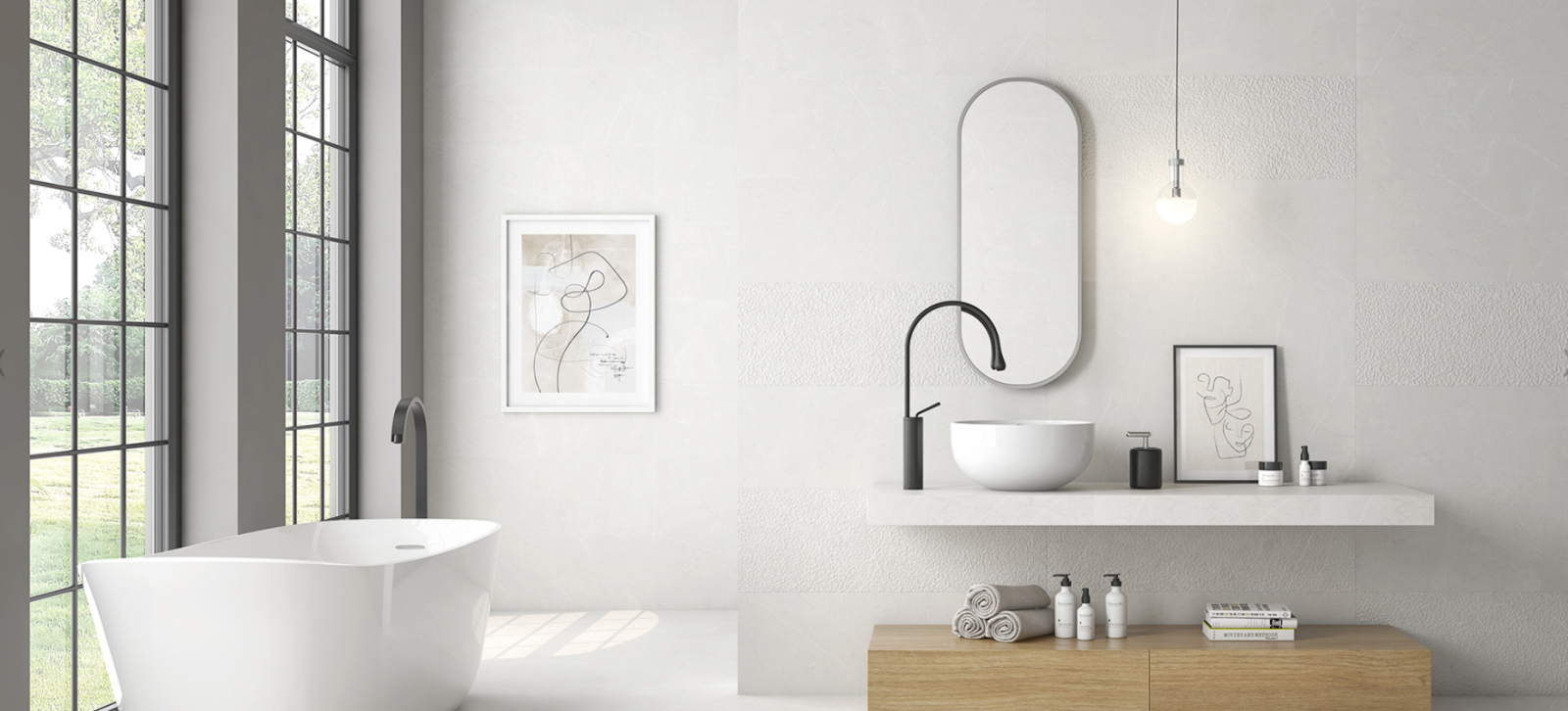 L’élégance du contraste : salle de bain en carrelage blanc et accessoires noirs à Carnon près de Montpellier