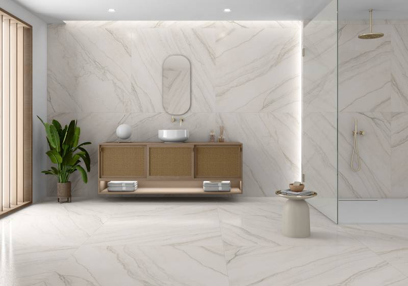 salle de bain avec receveur de douche blanc 