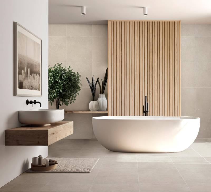 salle de bain avec carrelage effet pierre beige en 60x60 