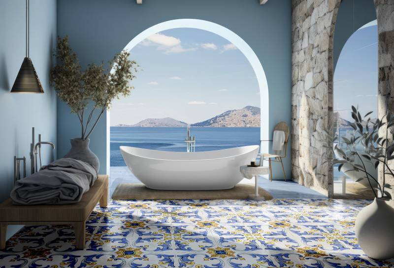 salle de bain avec faïence au sol bleu