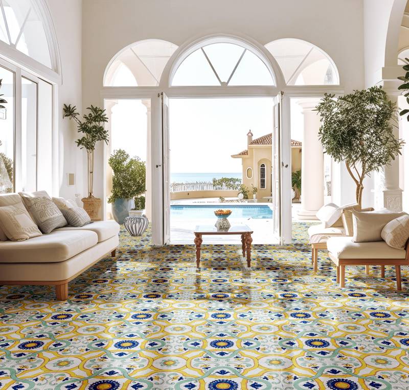 salon avec faïence au sol jaune 