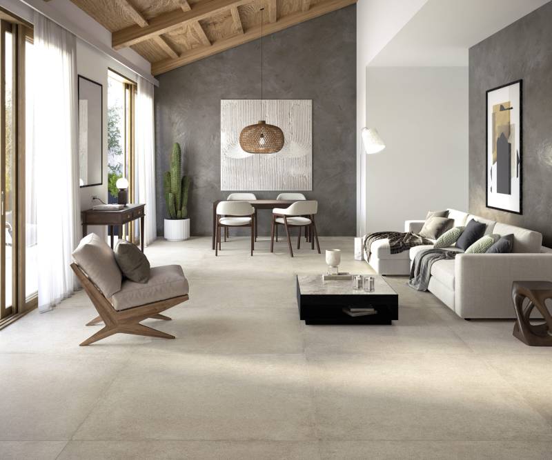 salon, espace détente avec carrelage effet béton ciré beige à Mauguio près de Montpellier