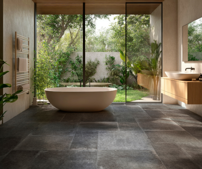 salle de bain avec carrelage effet pierre noire en 90x90